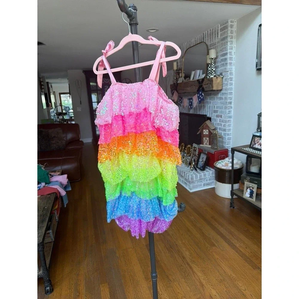 Lola + The Boys Kids' Neon Sequin Ruffle Dress vibrant, rainbow-colored 8